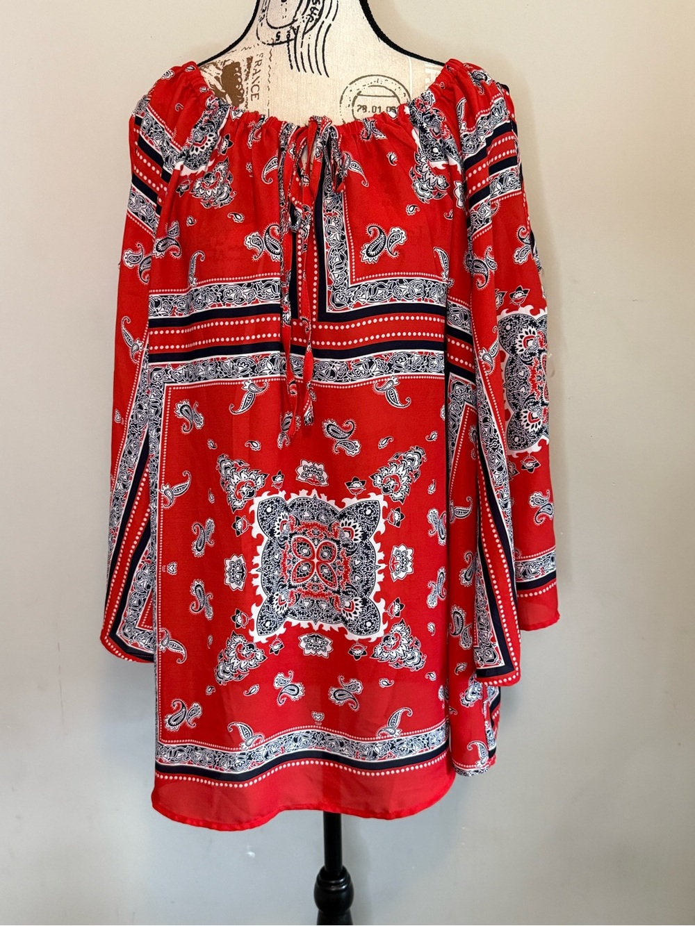 NEW - Cato Red Bandana Print Peasant Tunic - Size 14/16W